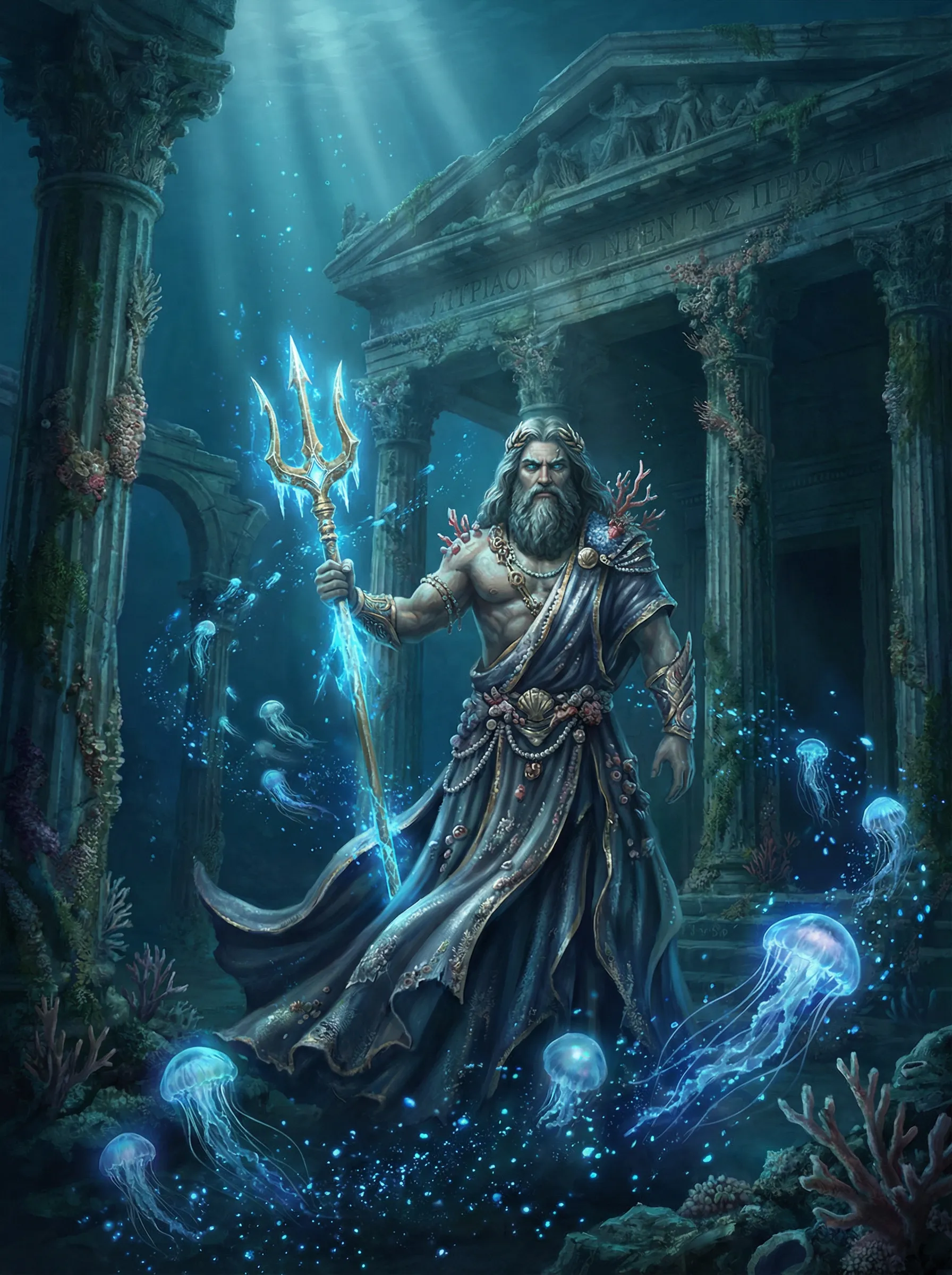 开元棋牌海神波塞冬持三叉戟深海奇幻插画